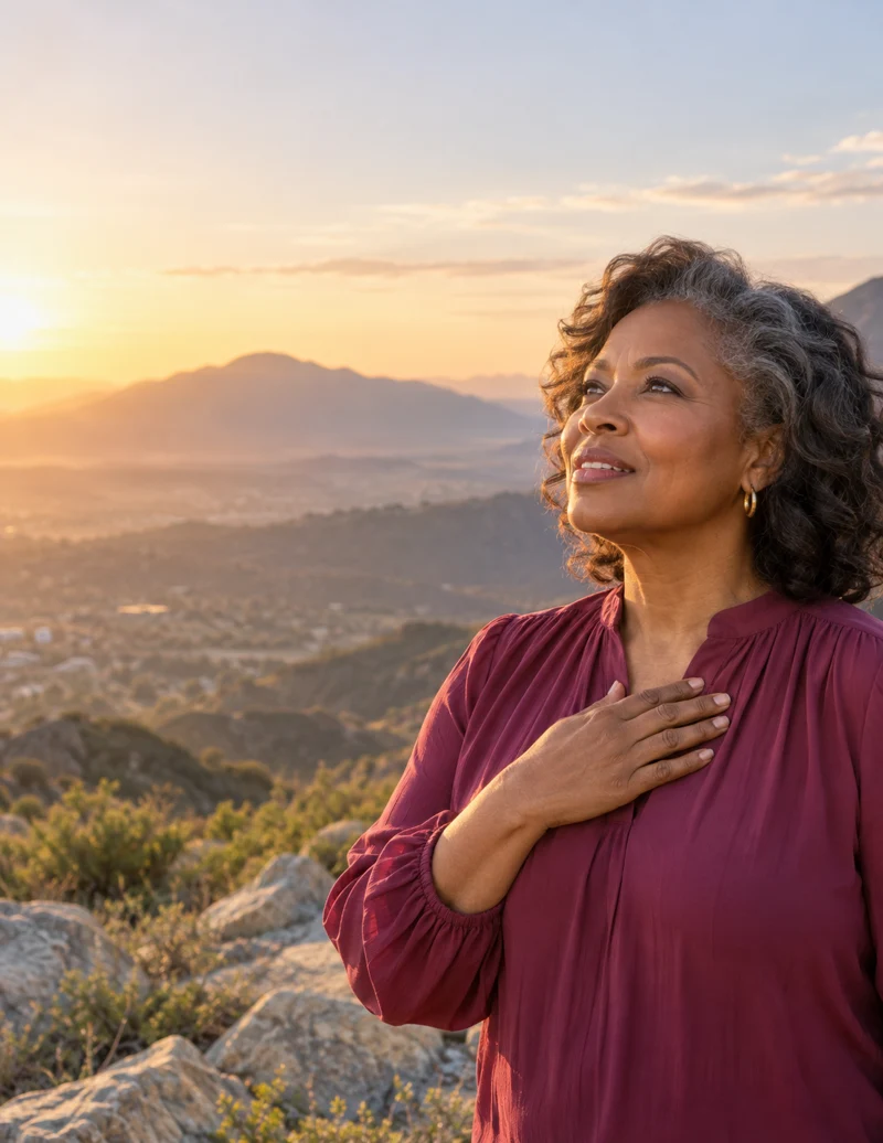 A woman facing the sunrise with hope